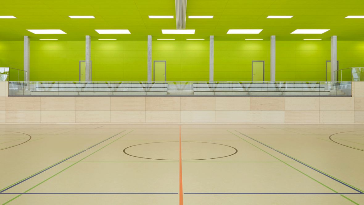 Zweifeldsporthalle Borgsdorf Mittelfeldlinie eines Spielfeldes – Forbo Marmoleum Sport